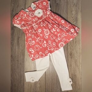 Savannah baby girls coral and off-white floral print top, leggings Size 12 month